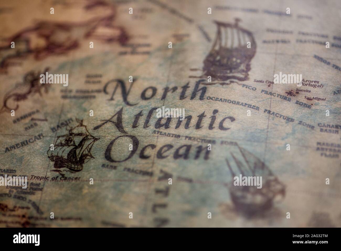 Gros plan de l'océan Atlantique Nord sur un millésime carte Banque D'Images