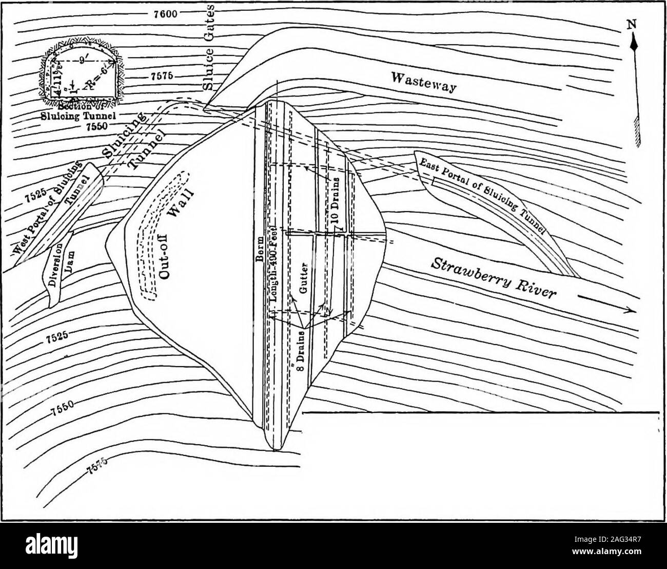 . Principes de l'ingénierie de l'irrigation, les terres arides, l'approvisionnement en eau, l'entreposage, de barrages, de canaux, les droits de l'eau et de produits. e d'être choisie de manière toafford précision raisonnable pour chaque cas particulier. Au siteof le barrage, cependant, lorsque les fouilles doivent être entrepris et wherelarge les dépenses sont faites, il est nécessaire d'avoir un jour moreelaborate site que pour le reste du réservoir. Ici un schéma d'offrom 100 ft. à 400 ft. à l'inch est souhaitable. Dans la Fig. 38 givena est partie d'un tel plan avec équidistance de 5 pi et de l'finallocation du barrage avec les travaux connexes esquissé sur Banque D'Images