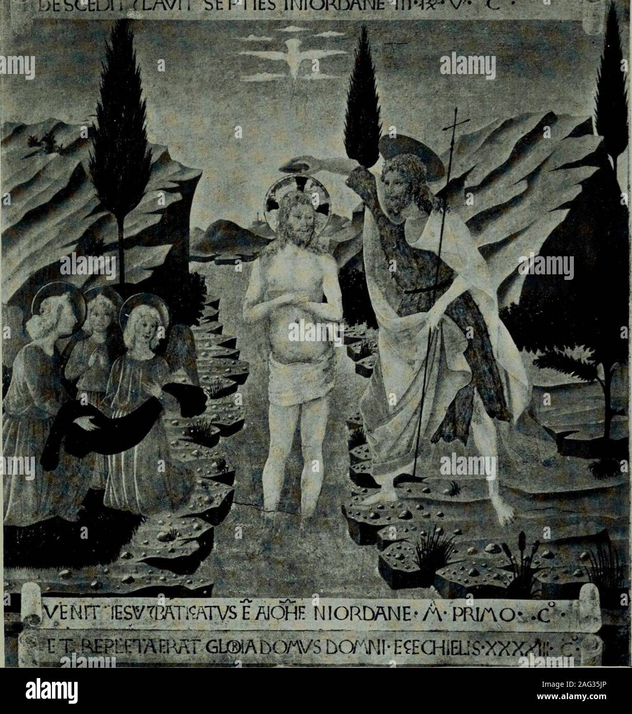 . Verocchio. de S. Giovanni exécuté dans l'previouscentury. La popularité du travail causés VerrocchiosBaptism à servir comme modèle dans tous les plus tard les tions du thème. Nous estimons qu'il reprend presque exactlyby Credi pour les Moines de S. Domenico un Fiesole, et par Robbias dans chacun de leurs polices hexagonale. En plus de la réminiscence de Baldovinetti la paintingshows à un degré remarquable l'influence d'AntonioPollaiuolo, une influence qui survit à peine dans son travail de moyen, et n'est pas du tout sa perceptiblein productions plus tard. Bien qu'en général les lignes andattitude figure Banque D'Images