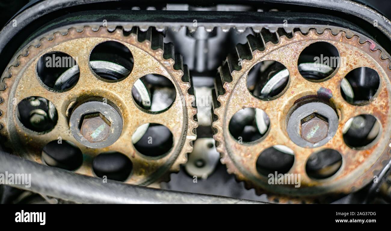 Les pignons de distribution de gaz d'un moteur à combustion interne avec une faible profondeur de champ Banque D'Images