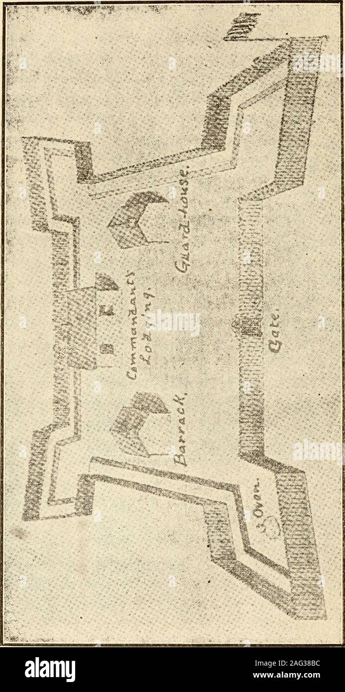 . La rivière Saint-Jean, ses caractéristiques physiques, de légendes et d'histoire, de 1604 à 1784. Sur la base ujoon thearchives dans un croquis de la Marine à Paris, servira à donner une ideaof le plan général du fort. L'espace enfermé par la palissade était d'environ un cent twent.y-feetsquare 5. La disposition générale du bnildings isshown dans le plan. A l'avant il y avait un gatecomposed de deux ou trois épaisseurs de plank, cannonwere monté sur les coins, ou des bastions, et en lavis de la gauche de l'esquisse est montré un bakeoven. À l'arrière du boîtier nous trouver thecommandants lodgin Banque D'Images