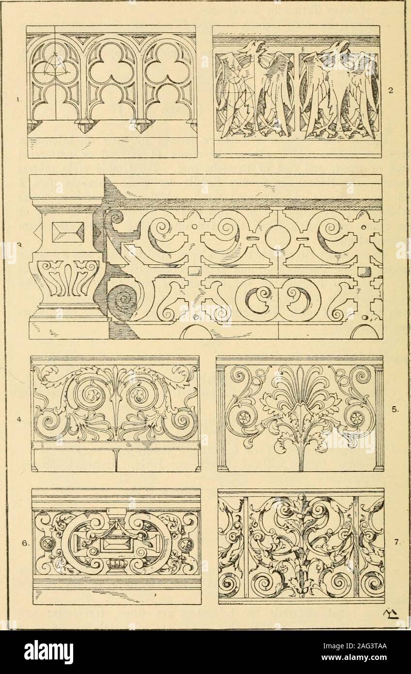 . Manuel de l'ornement ; une grammaire de l'art, la conception architecturale et industrielle dans toutes ses branches, ainsi que des pratiques d'utilisation théorique. s'est poursuivie jusqu'à l'actuel. Mais la fonction de la prise en charge n'est pleinement démontré lorsque le motif a une direction ascendante. Ceci, cependant, n'a pas ex-incluent l'utilisation d'autres traitements, e. g. les panneaux. Raguenet a nume-rous exemples. 140 de la plaque. Look13 parapet. 1. Gothique moderne, pierre, Viollet-le-Duc, (Raguenet). 2. Gothique moderne, pierre, Yiollet-le-Duc, Château de Pierrefonds,(Raguenet). 3. Pierre, Renaissance allemande, Dagobert tower, New Castle, Baden-Bad Banque D'Images