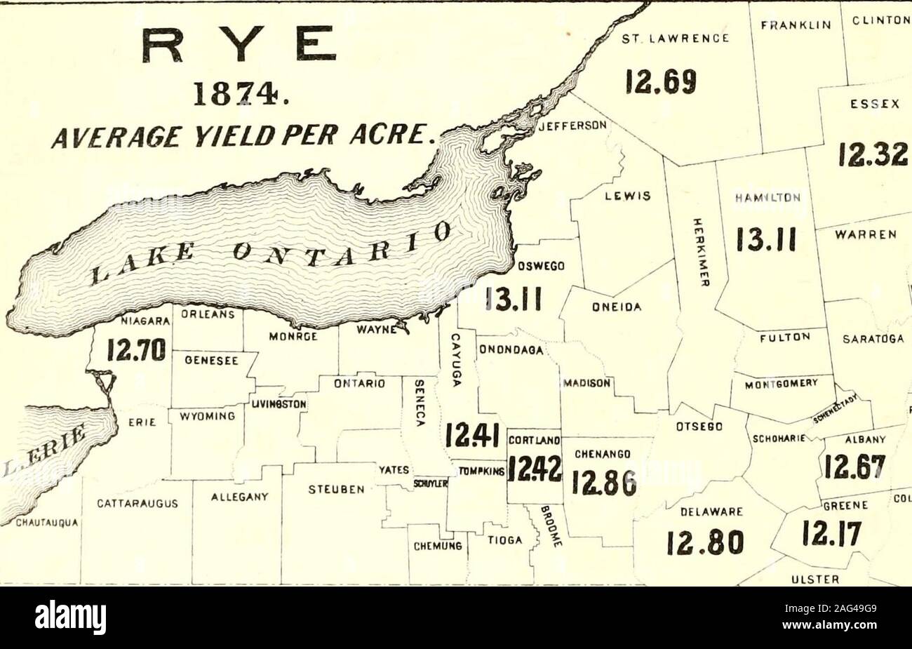 . Recensement de l'état de New York pour 1875. 1874 Seigle.RENDEMENT MOYEN PAR ACRE RANKLIN CLINTON 1 ^WJ. Countie ESS€X 1^ ; Rockland, Oswego, Hamiltun / 12,32, J'^^• ?"°,Niagara St. Lawrence,Orantre,WARREN,Albany,Suffolk psHwnaiil,Cortland ? Les Cayugas,Essex,Greene,Putnam, j'ji.  ? Re Moyenne 16 13,27 17 13,11 18 13,11 19 12,86 20 12,70 21 12 801 ! 22 12 691 23 12 691 24 12,67 25 12,43 26 12,42 27 12,41 je 28 12,32 29 12,17 30 12,15 12,80 2,17 LA CARTE N°2. Banque D'Images