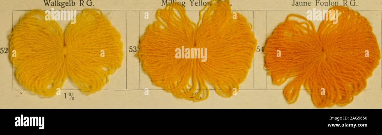 . Die Wollfarbstoffe des Jahres 1913  = b 1913 couleurs de laine. lentement au bouillon et faire bouillir faiblement jusquàce que le bain soit tiré au clair. Jaune R Foulon G. teindre avec plus de 10 % de sulfate de soude crist. et3 % acetic acid,entrer à 50-60 C, monter lentement au bouillon, faire bouillir faiblement V2 heure, aprèsquoi sur ajoute encore 2 % acide formique- apparaissent ou acetic. 33 Qualités tinctoriales et propriétés de solidité. Solubilité : tranchage et unissoa:Solidité aux alcalis:solidité au lavage gastrique:Solidité au foulon:Solidité à lépaillage:Solidité au soufrage:Solidité au décatissage:Soli Banque D'Images