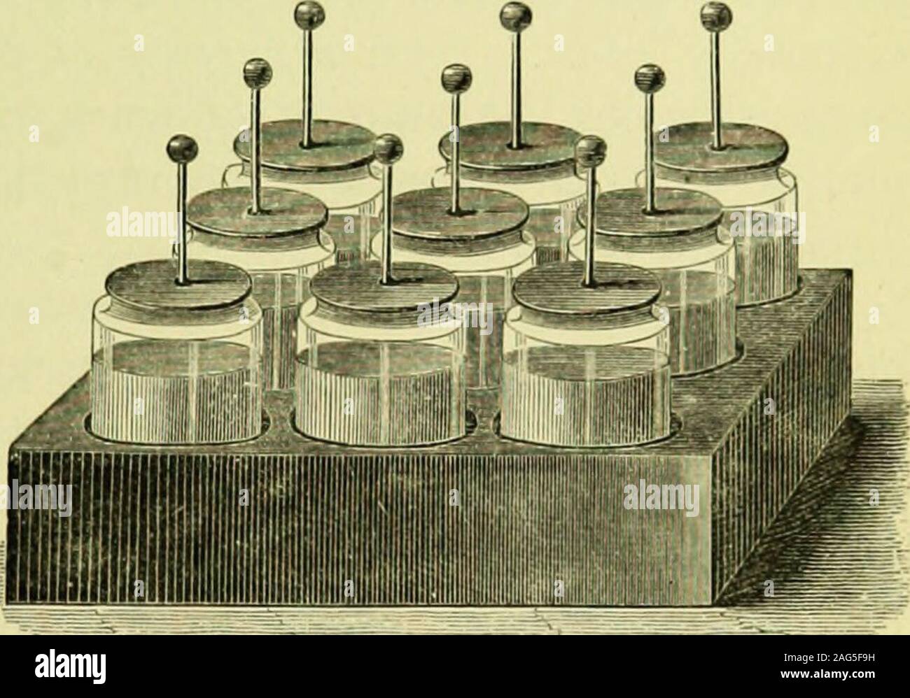 . L'électricité médicale ; un traité pratique sur les applications de l'électricité pour la médecine et la chirurgie. Une bouteille de Leyde. Une batterie de jarres Leyden. conducteur d'une machine électrique. Un receivedby l'électricité Leyde est condensé en contact avec le papier alu,et est dans un état de haute tension. La décharge est un effectedwith rapport bruyants, lorsque l'intérieur et l'extérieur en arebrought communication par le biais d'un dischargingrod-courbure de la tige en laiton à destination de boutons et pro-ment avec poignées isolées. Un sparkaccompanies plus ou moins vives de la décharge, composé de minuscules particules ofbrass et th Banque D'Images