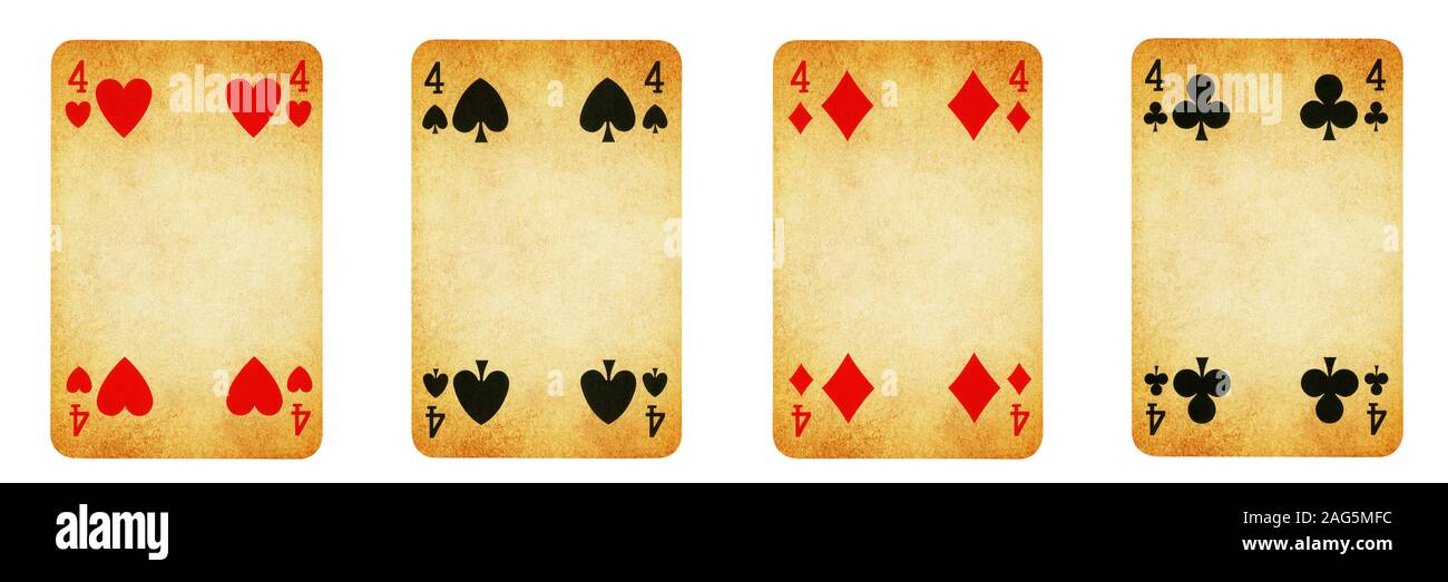 Quatre cartes à jouer Vintage isolé sur fond blanc, montrant quatre de chaque couleur - Coeurs, clubs, bêches et diamants. Banque D'Images