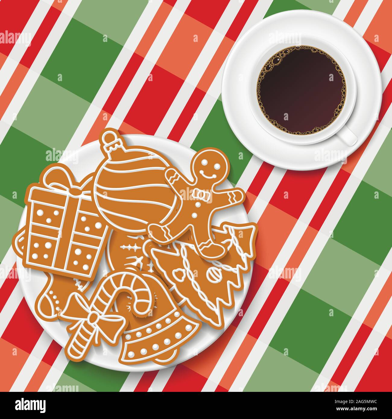 Maison de vacances gingerbread cookies dans la tasse de café sur la plaque avec Noël couleur nappe Vichy Illustration de Vecteur