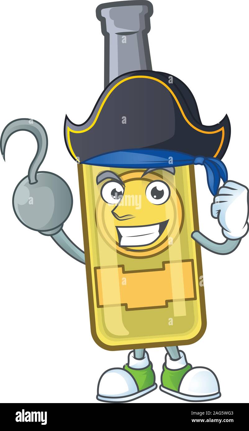 Un côté pirate jaune champagne bouteille personnage wearing hat Illustration de Vecteur