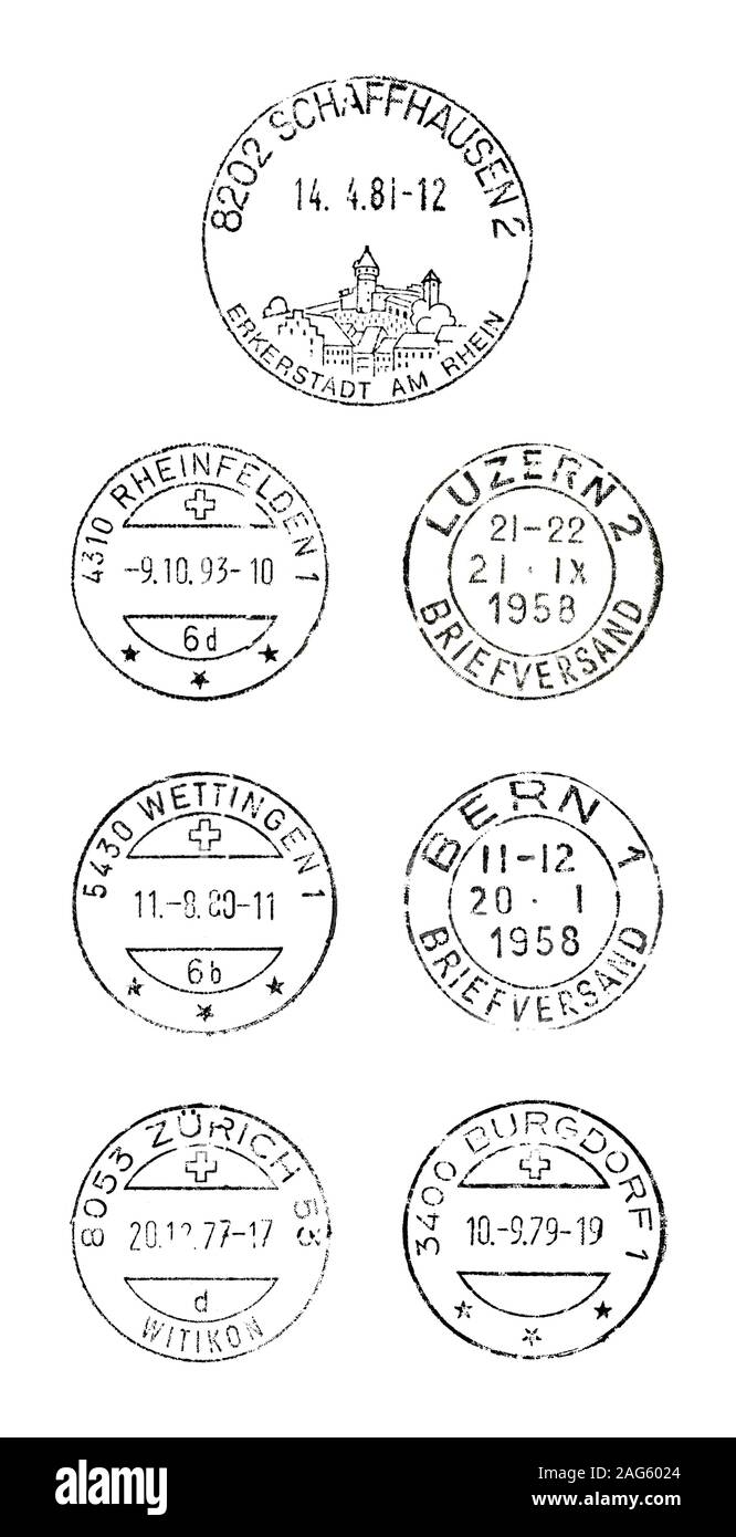 Close up de timbres-oblitérations / annulation de la Suisse : Schaffhaussen, Luzern, Zürich, Bern, Zürich, Zurich, Bergdorf. Banque D'Images