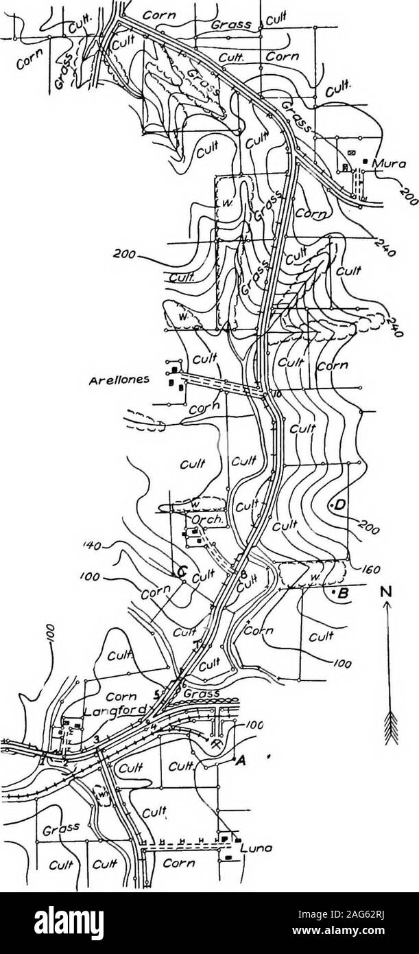 . Croquis militaires et la lecture de cartes. Il est supposé que l'altitude de thefloor du pont est de 90 pieds. Au cas où l'altitude de l'point début n'est pas connu, il peut toujours être assumé, et yourelevations sera relativement bonne tout au long de l'esquisse. Orienter le conseil à 1, et d'indiquer votre meridianas magnétique a expliqué auparavant. La vue dans la direction de 2 (le premier changement de direction dans la rue), et de tracer une ligne droite linein la direction de 2. Passez ensuite à 2, et d'arriver thereyou ont déterminé la distance. Notez la position de l2, et, à partir des points 1 et 2, parcelle Banque D'Images