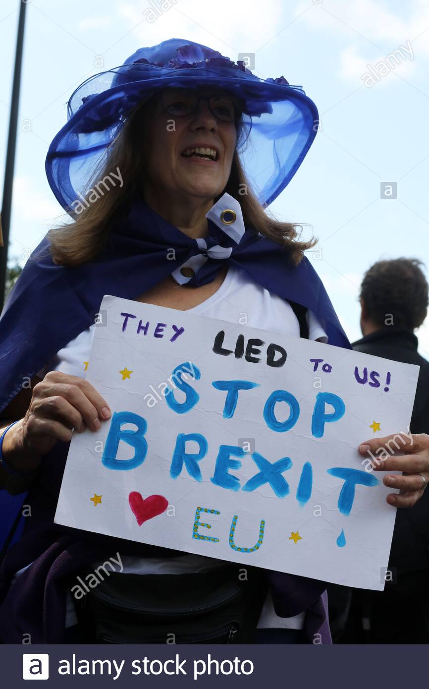 Un Brexit partisan est titulaire d'un Brexit Stop sign lors d'un rassemblement à Londres Banque D'Images