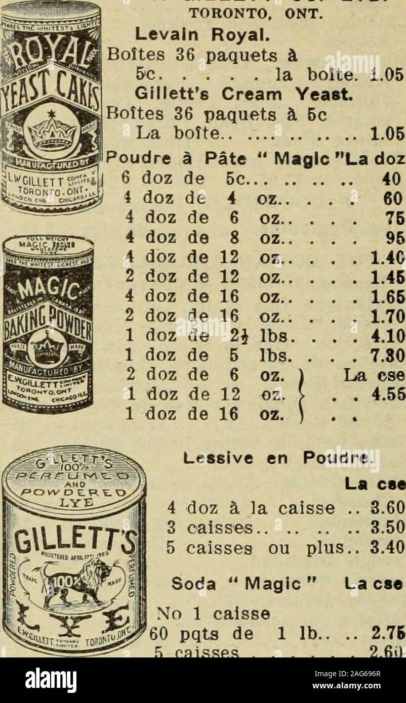 . Le quincaillier (Juillet-Decembre 1905). c 2,40 Caisses 60 paquets un 10c 4,75 Eagle Borax La n2 Caisses 60 paquets, 6 oz du PCSRA 45&es 60 paquets, 1 lb 90 escompte 5  % sur toutes ?marchaudise cafe Fret sur 5 Esc. L'Empire Tobacco Co. MONTRKAL Tabacs d chiquer La to Bobs 6s et 12s 45 12s 46 Monnaie vieux Fox 12s 48^7 salariale s 56 Tabacs k fumer. Rosebud 46 Empire Ivy 61 7s 60 S. H. & A. S. EWINU, Montréal Powder & Pate ne vienne la canistre" de 1 lb , 2.2J Canistre dt V2 lb 1,25  % 0,75 lb Canistre de paquets de 5 paquets de 3 oz 0,70 oz 0,35 J. A. E. GAUVIN MONTRÉAL Sp£clalit6s m'Slrop La douz Banque D'Images