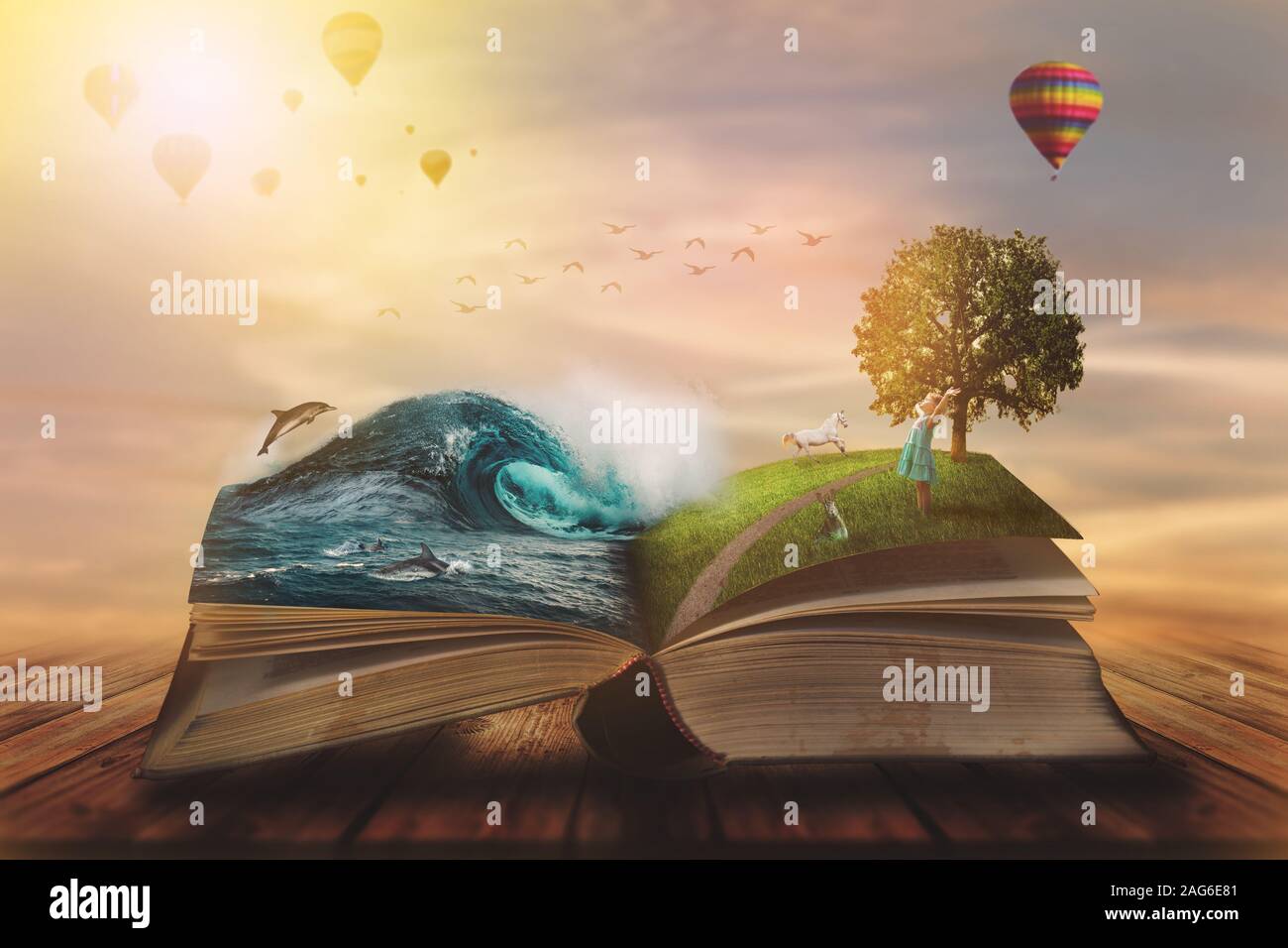 Concept d'un livre de magie ; ouvrir les pages avec de l'eau et le sol et de petit enfant. Fantasy, nature ou d'apprentissage, concept with copy space Banque D'Images