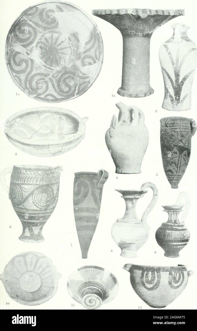 . Fouilles à Phylakopi dans Melos. 4^ •  n° 12 i") 2.S PLUS TARD LA POTERIE MYCÉNIENNE LOCAL (H3).échelle de 4 fragments ; 9. J- H. S. SUPPL. IV. (1904, PL. XXVII.. Plus tard la poterie mycénienne LOCAL (S 13). J. H. S. SUPPL IV (19041 PL. XXVIII. Banque D'Images