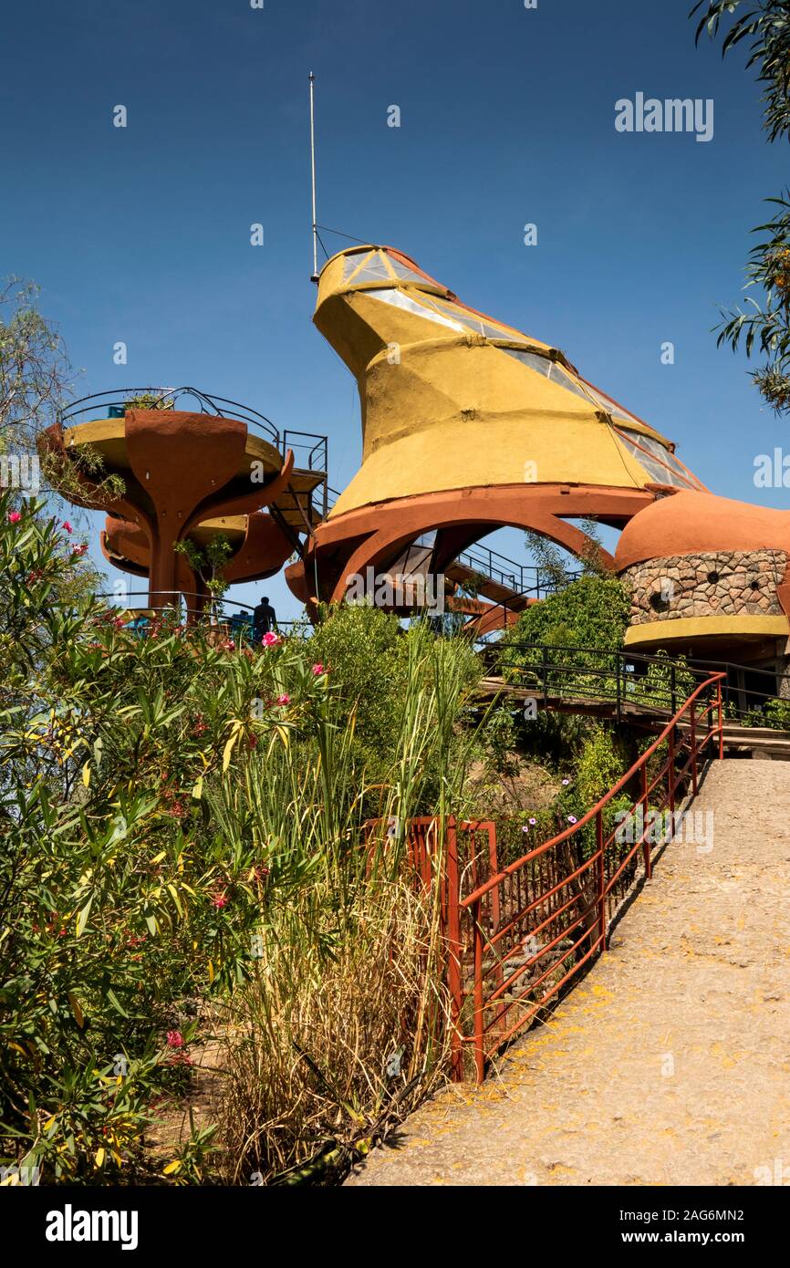 L'Éthiopie, l'Amhara, Lalibela, jardin de Ben Abeba, Éthiopie/écossais mixte administré hilltop restaurant Banque D'Images