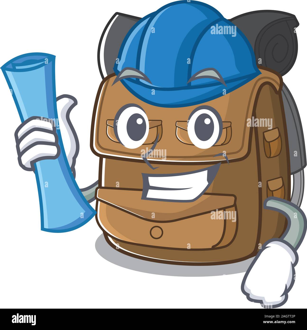 Cheerful Architect randonnées sac à dos Faire défiler avec un plan de travail et casque bleu Illustration de Vecteur