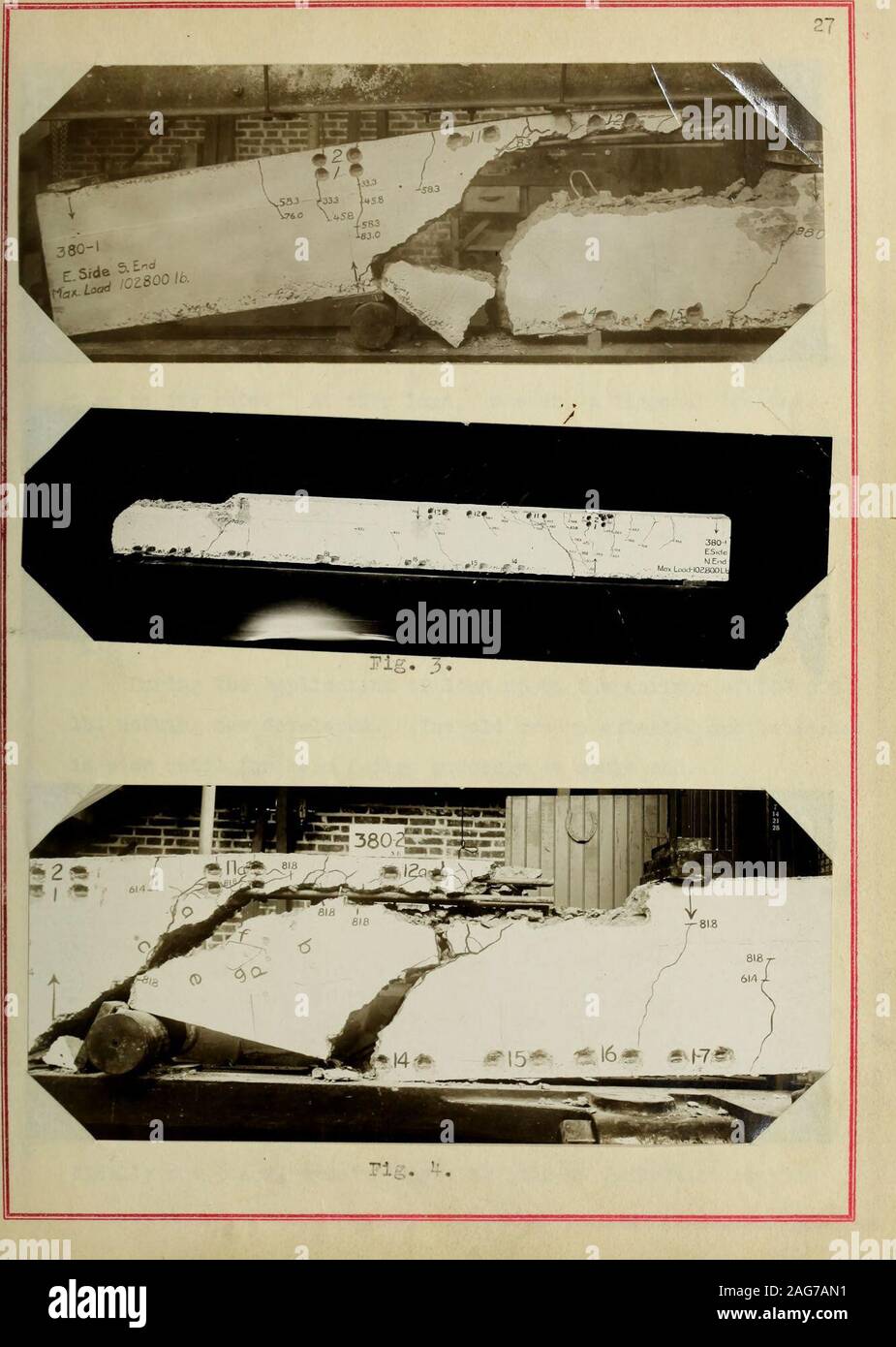 . Tensions dans le renfort de web de poutres en béton retenu. d'un bordereau indiquant la compression. slightnegative C'est vérifié par thestraiix gage sur gage 13 lectures les lignes qui ont été à la fin de lavis de craintes au même point que les cadrans. Les petites fissures de tension formé plus de deux supports à 20 goo lb.load et à 33 300 lb. Des fissures similaires ont été trouvés 11 gagelines de passage à tous les points sauf sur le S, E. visage. Jusqu'à une charge de9S 000 lb. Ce faisceau a agi de la même manière que l'un des web renforcement hut à cette charge une tension diagonale crach, formé andwas apparemment l'ouverture d'un coup. Banque D'Images