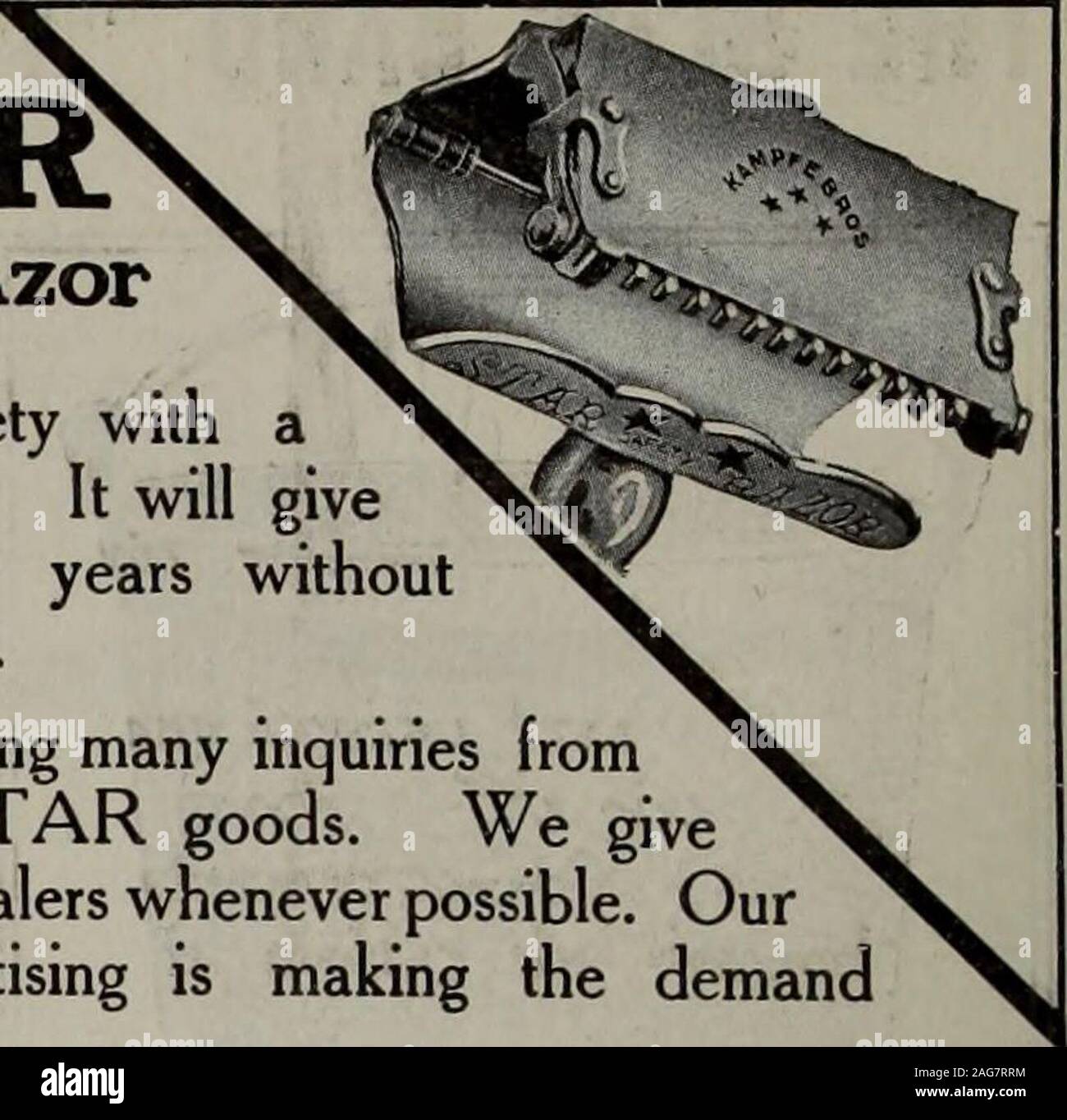 . Août-octobre 1912 Matériel de merchandising. Notre ligne de Builders Hardware includesButt charnières, pentures, câbles, etc. Nous utilisons seulement les meilleurs materialsand employer uniquement des ouvriers experts.N'hésitez pas à nous envoyer une épreuve orderat une fois. Satisfaction garantie nous orrefund l'argent. Écrire pour Catalogue. COWAN & BRITTON GANANOQUE, EN ONTARIO. STAR rasoir de sûreté. La seule sécurité avec abarbers la lame. Il givesatisfaction withoutadditional depuis des années le coût. Nous recevons de nombreuses demandes pour des marchandises. STAR fromCanada Nous givethese à nos concessionnaires chaque fois que possible. Ournational demandgre est faire de la publicité Banque D'Images