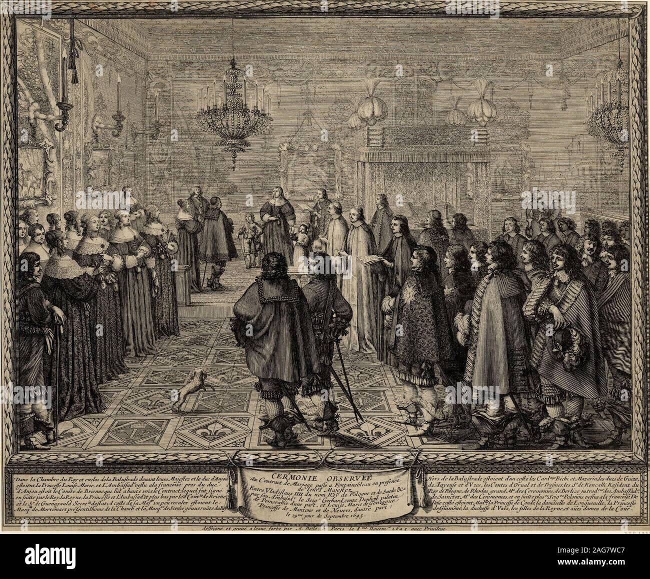 Cérémonie du contrat de mariage entre Ladislas IV, roi de Pologne et de Marie Louise de Gonzague, princesse de Mantoue, à Fonta, 1645. On trouve dans la collection de mus&# xe9;e de l'Histoire de France, Ch&# xe2;château de Versailles. Banque D'Images