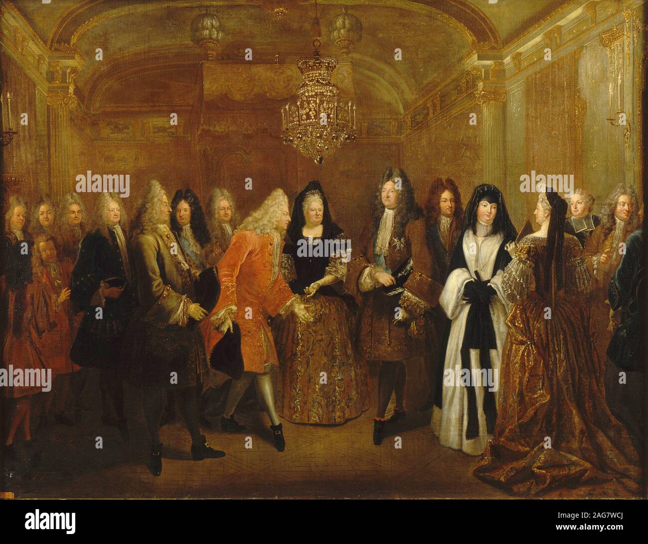 Louis XIV reçoit le Prince d'août, le futur roi de Pologne et Électeur de Saxe, au Château de Fontainebleau, ca 1714. On trouve dans la collection de mus&# xe9;e de l'Histoire de France, Ch&# xe2;château de Versailles. Banque D'Images
