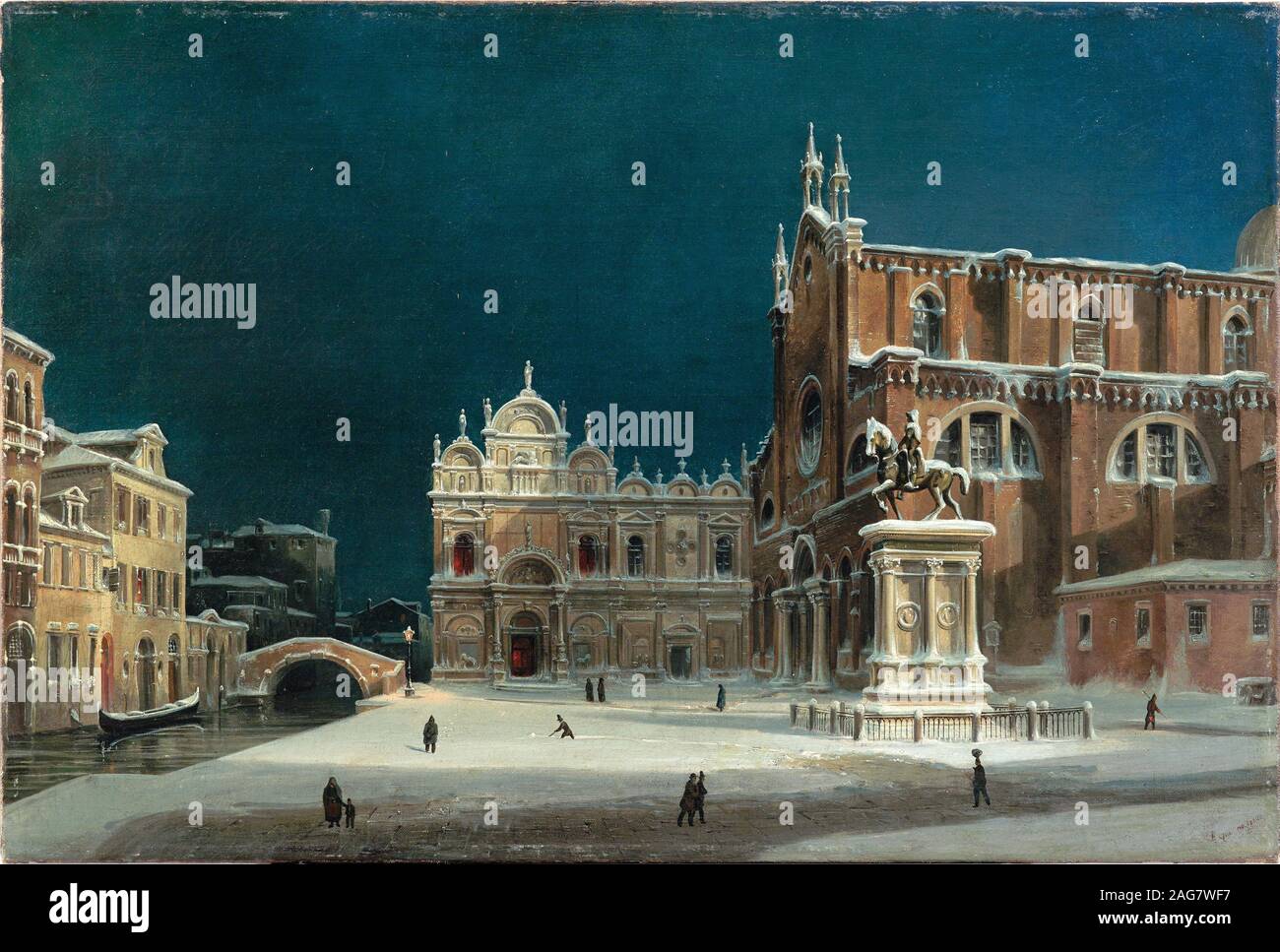 Une vue nocturne de Campo dei Santi Giovanni e Paolo à l'extrémité ouest de l'Église et la Scuola di San Marco sous la neige, 1850. Collection privée. Banque D'Images