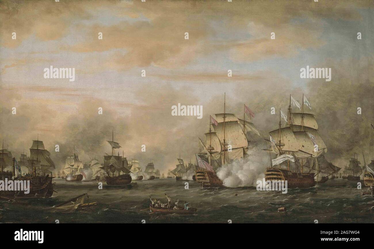 La Bataille des Saintes, le 12 avril 1782. Le HMS Barfleur attaquer le navire amiral français Ville de Paris , 1783. Collection privée. Banque D'Images