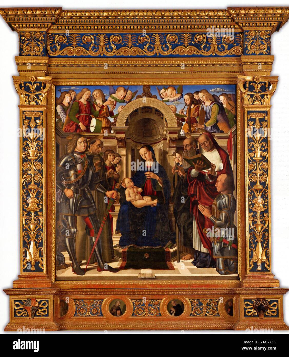 Pala Oliva. La Madone et l~Enfant ont intronisé entre les Saints George, François d'Assise, Anthony l'Abbé, Jerome, 1489. On trouve dans la Collection de la Cappella dei Conti Oliva, Convento di Montefiorentino. Banque D'Images