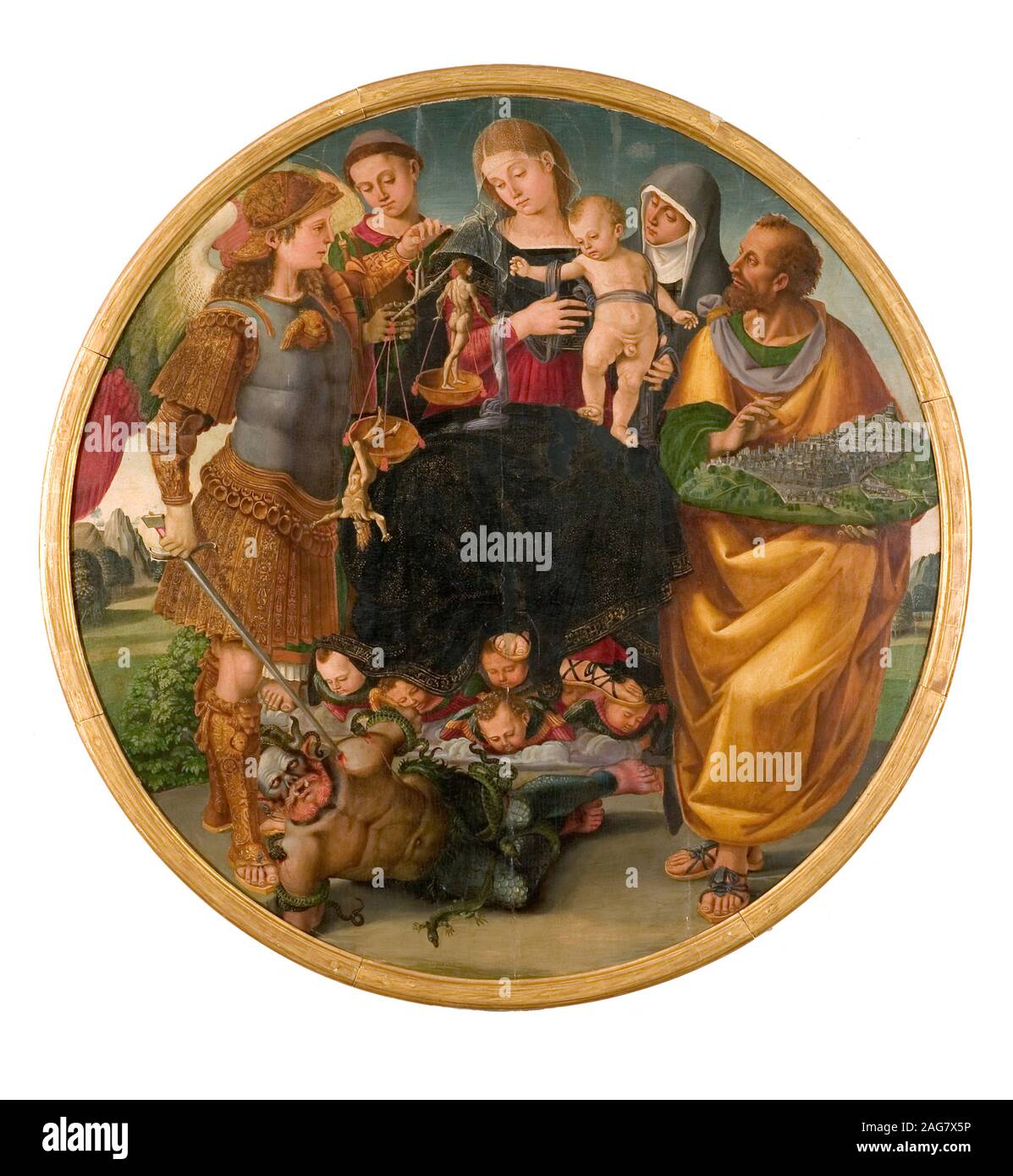Vierge à l'enfant entre les Saints (Tondo Signorelli), 1510-1515. On trouve dans la collection de Museo dell'Accademia Etrusca e della Citt&# xe0 ; di Cortona. Banque D'Images