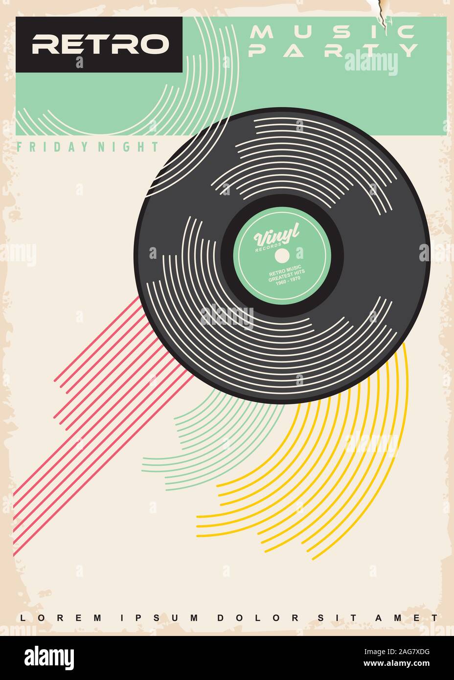 Parti de la musique rétro conception de l'affiche. Disque vinyle disque gramophone sur vieux papier texture. Illustration de Vecteur