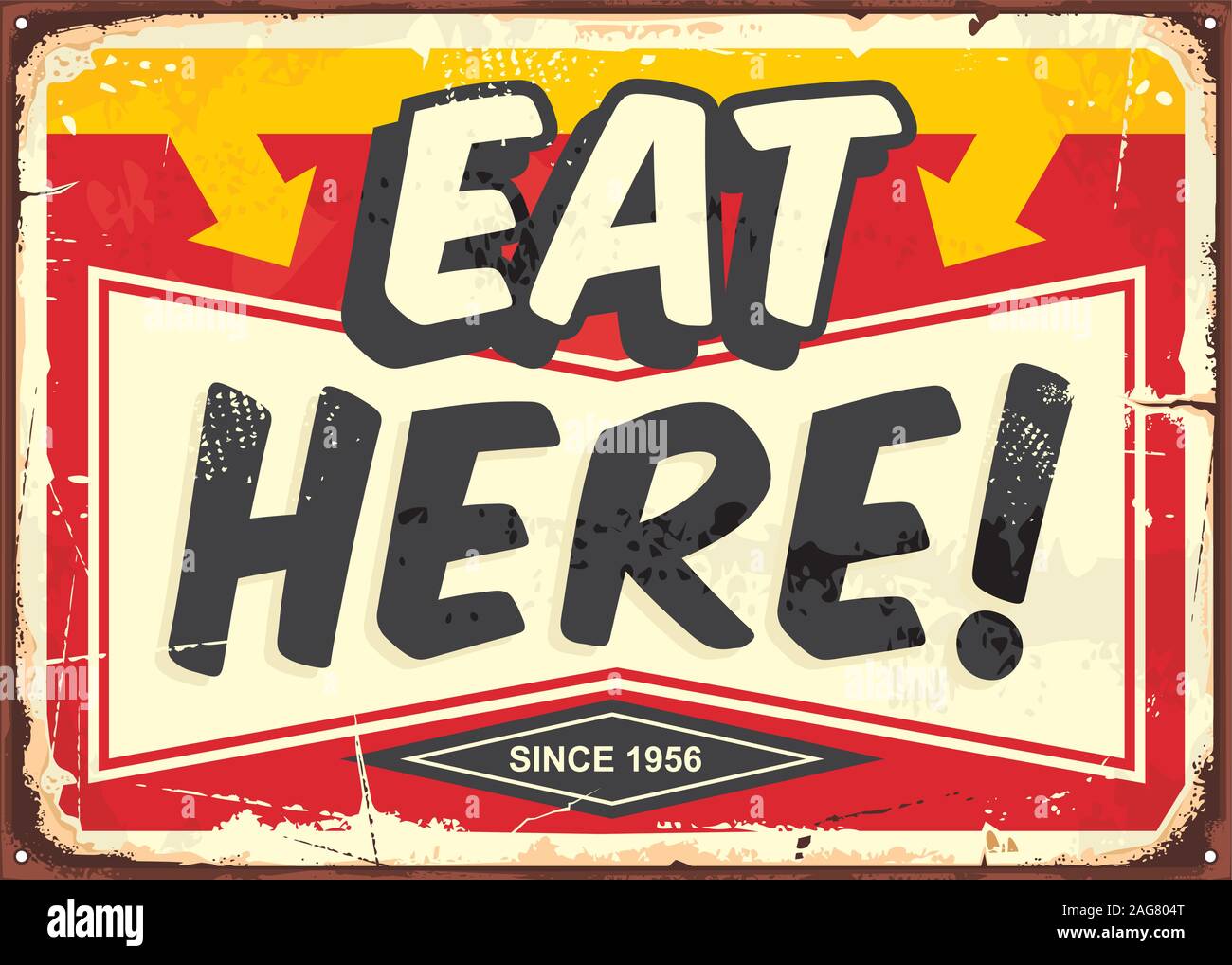 Ici manger restaurant vintage tin sign. Annonce promotionnelle de signe pour aliments et boissons dîner. Vector illustration rétro. Illustration de Vecteur