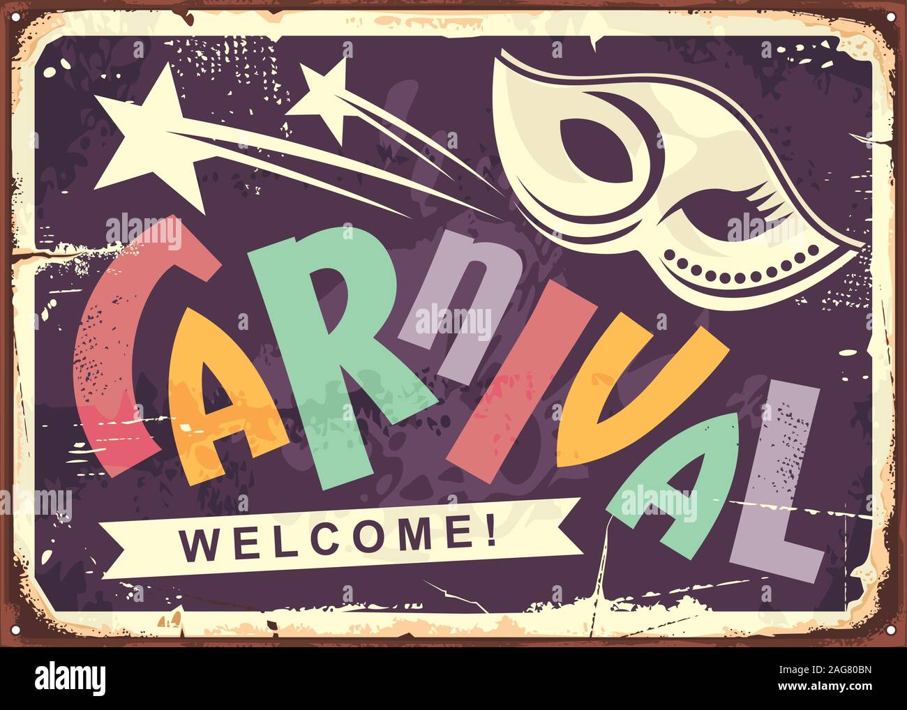 Carnival retro tin sign design. Invitation poster avec masque et forme du texte coloré. Vector old fashioned décoration murale. Illustration de Vecteur