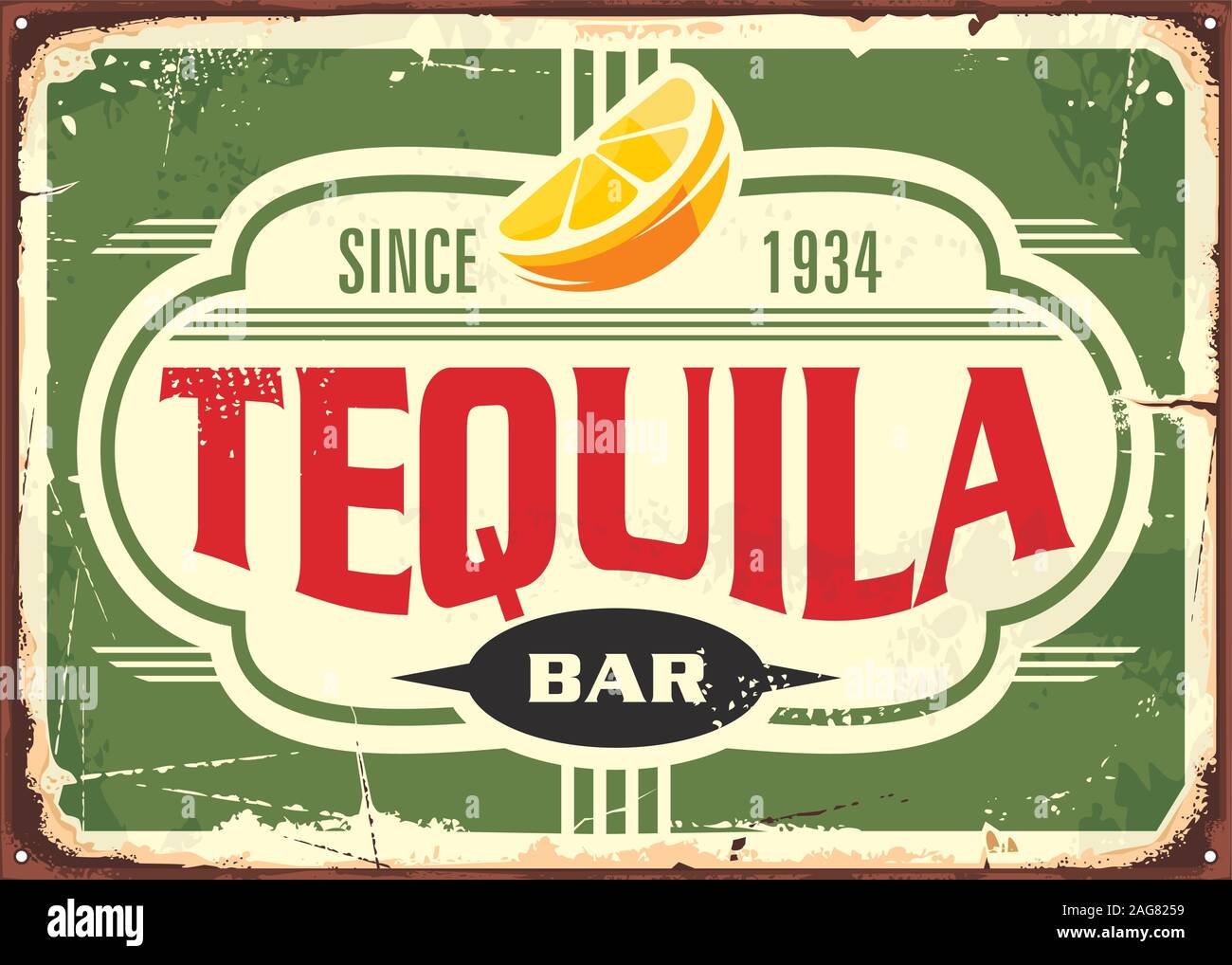 Tequila bar vintage tin sign pour boire de l'alcool traditionnel Mexicain. La publicité promotionnelle avec typographie unique forme et tranche de citron. Illustration de Vecteur