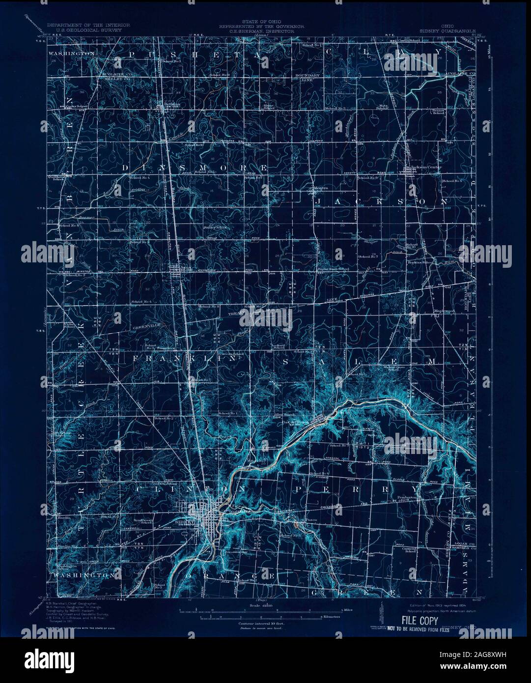 Carte TOPO USGS Ohio OH Sidney 2271111913 62500 Restauration inversé Banque D'Images