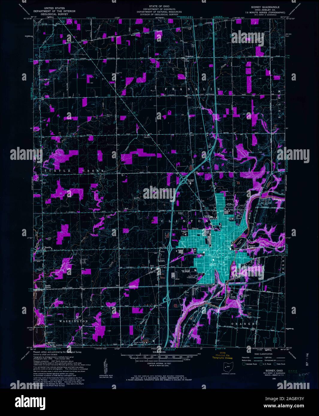 Carte TOPO USGS Ohio OH Sidney 2271141961 24000 Restauration inversé Banque D'Images