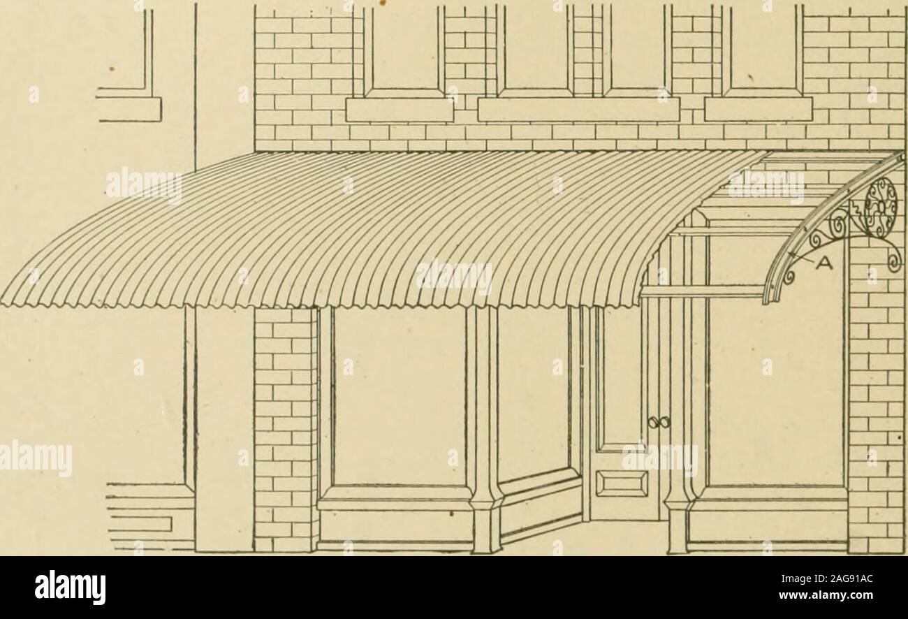 . Cyclopedia of Architecture, menuiserie, et de la construction : une référence générale travail .... Fig. 252. Fig. 253. a glissé, puis b forme un goutte-à-goutte, et toute l'eau qui arrive sur le bas de caisse passesover le revêtement sans danger de fuites, c'est clouée au blanc de plomb à lesvis du châssis. Un autre usage qui est mis en tôle ondulée est de couvrir met en andawnings. Posés sur des feuilles de bois sont clouées à la manière habituelle, whilesheets mis sur la construction de l'équerre sont fixés comme indiqué dans le. Fig. 254, les sections précédentes. Dans la Fig. 254 est montré un auvent sur une équerre laidon magasin prend en charge. Dans ce genre de travail, à faire Banque D'Images