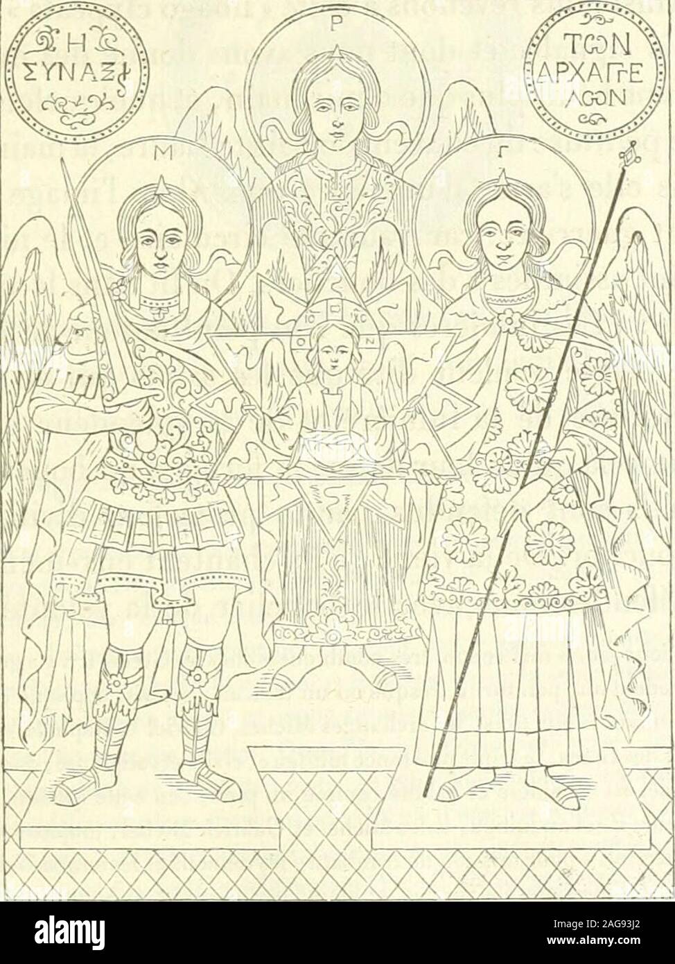 . Iconographie chrétienne ; histoire de Dieu. eiroussée enpartie et laissant apercevoir une robe de dessous, rouge et dorée. Dieu le père, quiplane dans les cieux, bénit la mère de son fils. Sur le ventre de la Vierge est figuré,dans une auréole dorée, un petit être humain nu et joignant les mains. Marie se dé-tache sur un fond bleu ; elle est entourée de la lune , étoile de dune, dune visite, dunlys, etc. attributs qui la caractérisent, surtout au XV siècle. Planche /43, page i.^j.Entre autres, planches 36, 67, 38 et /io, pages 111, 113, 117 et 123. Histoire du nimbe , p. 69-64. ICONOGRAPHIE CHRÉTI Banque D'Images