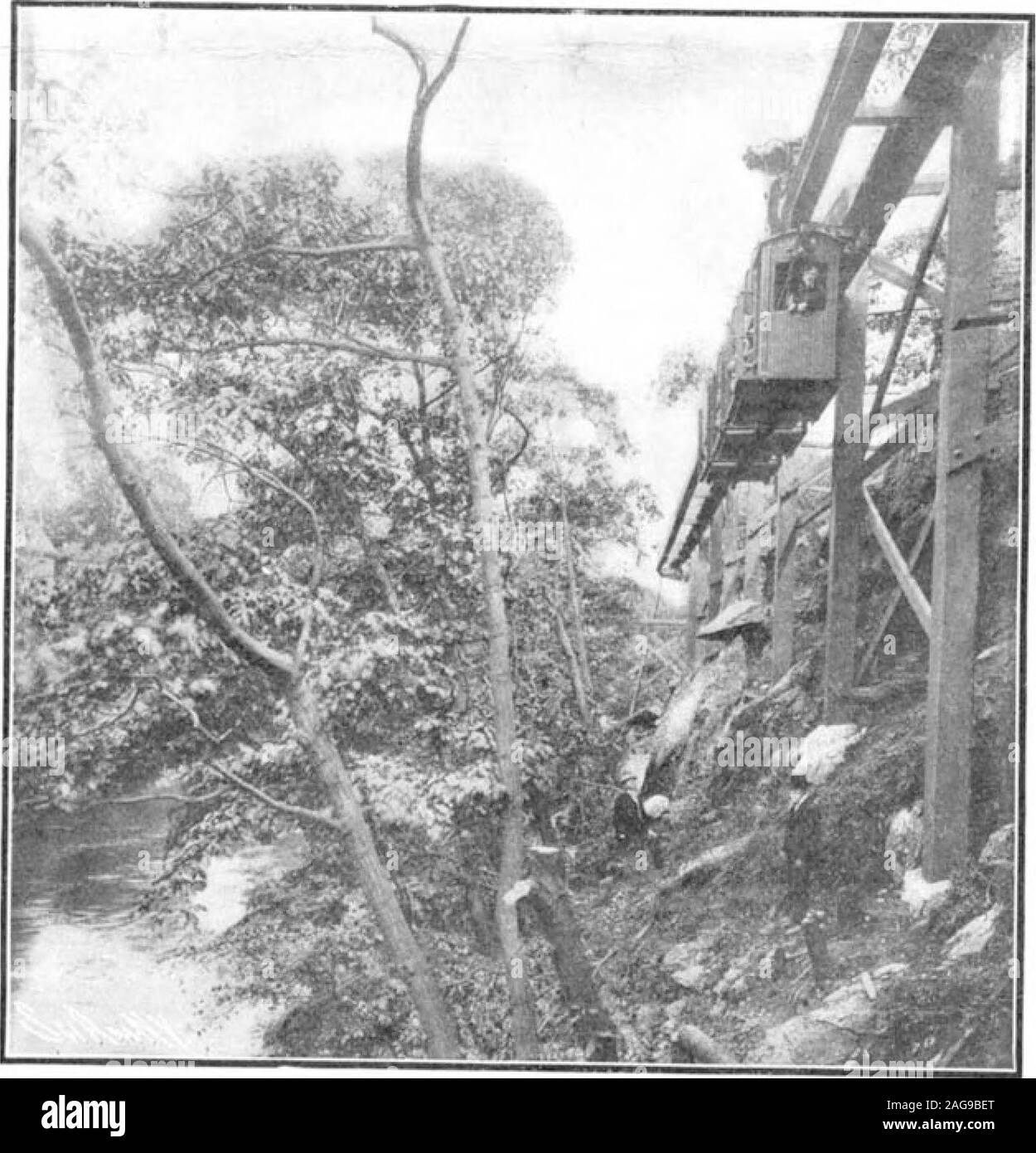 . Scientific American Volume 92 Numéro 11 (mars 1905). Des fondations en béton pour les supports du pont en fer qui enjambe la rivière.Telpher avec pleine charge à propos de passer autour de la courbe. À partir de l'entrepôt, le Telpher train traverse la route, Arrondit la courbe, voyages le long de la berge de la rivière, puis traverse la rivière sur un pont en fer et entre dans l'usine.. Banque D'Images
