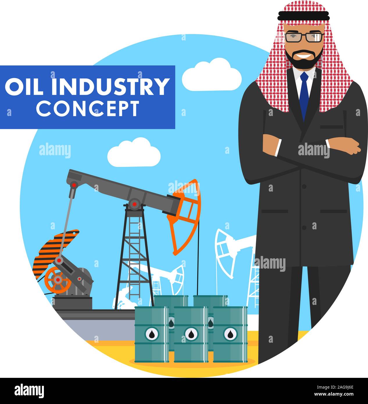 Concept de l'industrie pétrolière. Illustration détaillée de l'homme arabes musulmans sur l'arrière-plan avec la pompe à huile et de barils de carburant avec style on white plate Illustration de Vecteur