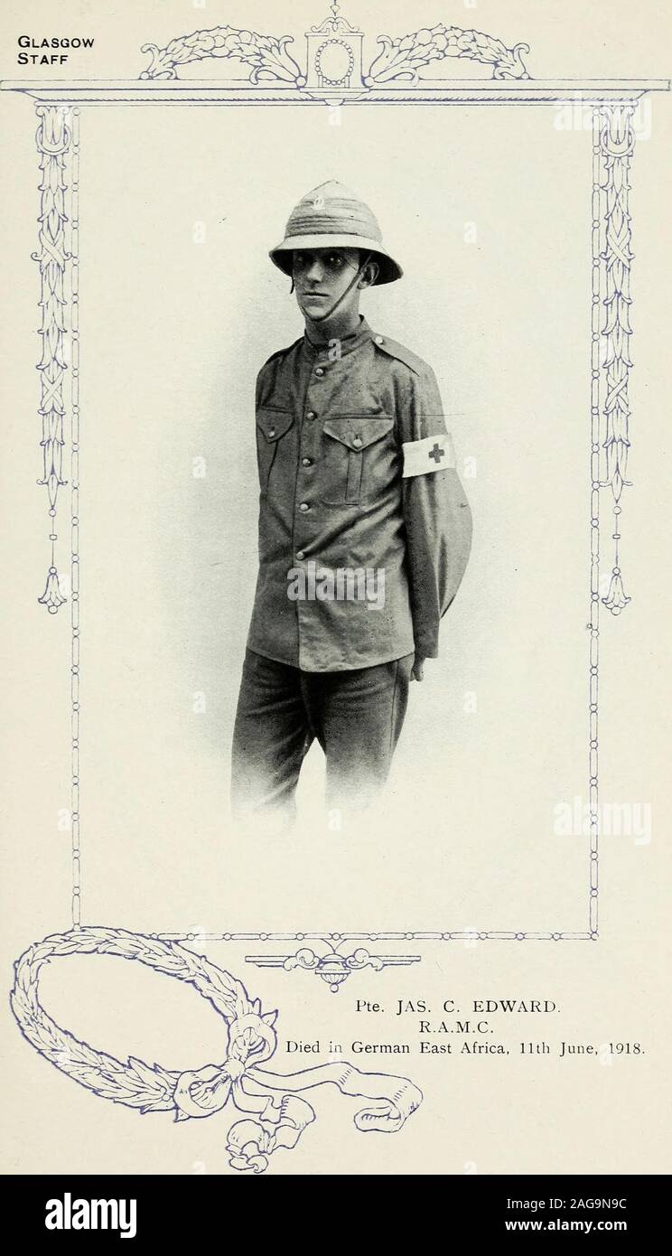 . Compte rendu des partenaires, du personnel et des coopératives qui ont participé à la Grande Guerre, 1914-1919. L/Cpl. WILLIAM CLARK. Seaforth Highlanders. Tué dans l'action, le 22 août, 1917. L/Cpl. William Clark. Seaforth Highlanders. L/Cpl. William Clark, Calcutta Ministère des Finances.rejoint le Seaforth Highlanders, et l'inaction a été tué le 22 août 1917. Le Soldat James C. Edward, Royal Army Medical Corps. Le Soldat James C. Edward (John Graham & Co., Ltd.,Vin Coy.). S'est joint à la R.A.M.C, 52e LowlandDivision. Allé à Gallipoli et toGerman ensuite l'Afrique de l'Est, où il a succombé à l'effectsof une pneumonie le 11 juin Banque D'Images