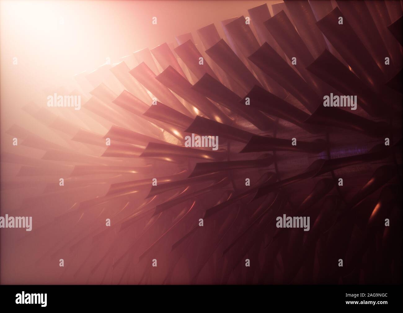 Turbine à vapeur industrielle rouge / moteur rotor avec pales à brouillard chaud environnement. 3d illustration. Banque D'Images