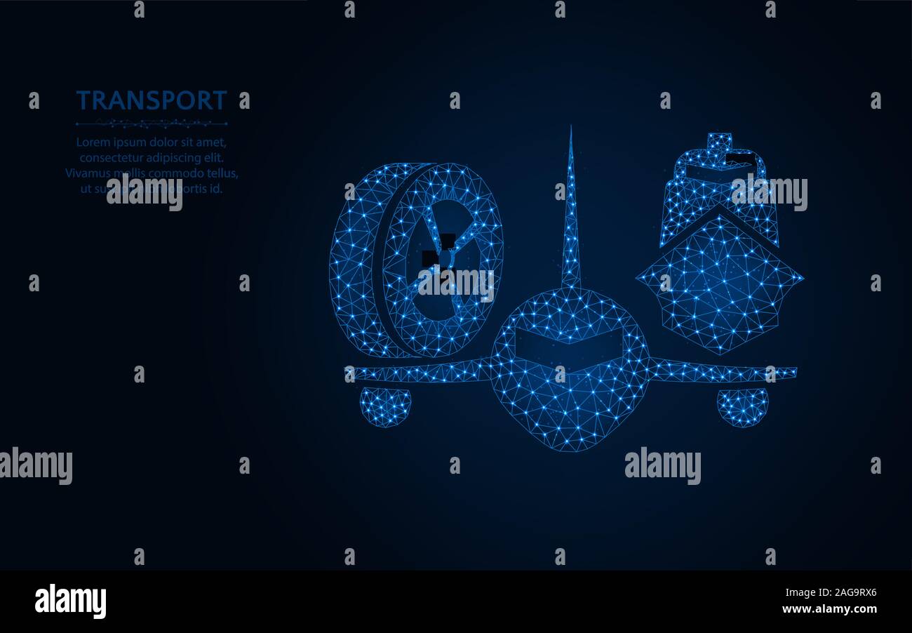 Faible Transport conception poly, avion, bateau et wireframe roue polygonal mesh vector illustration réalisée à partir des points et des lignes sur fond bleu foncé Illustration de Vecteur