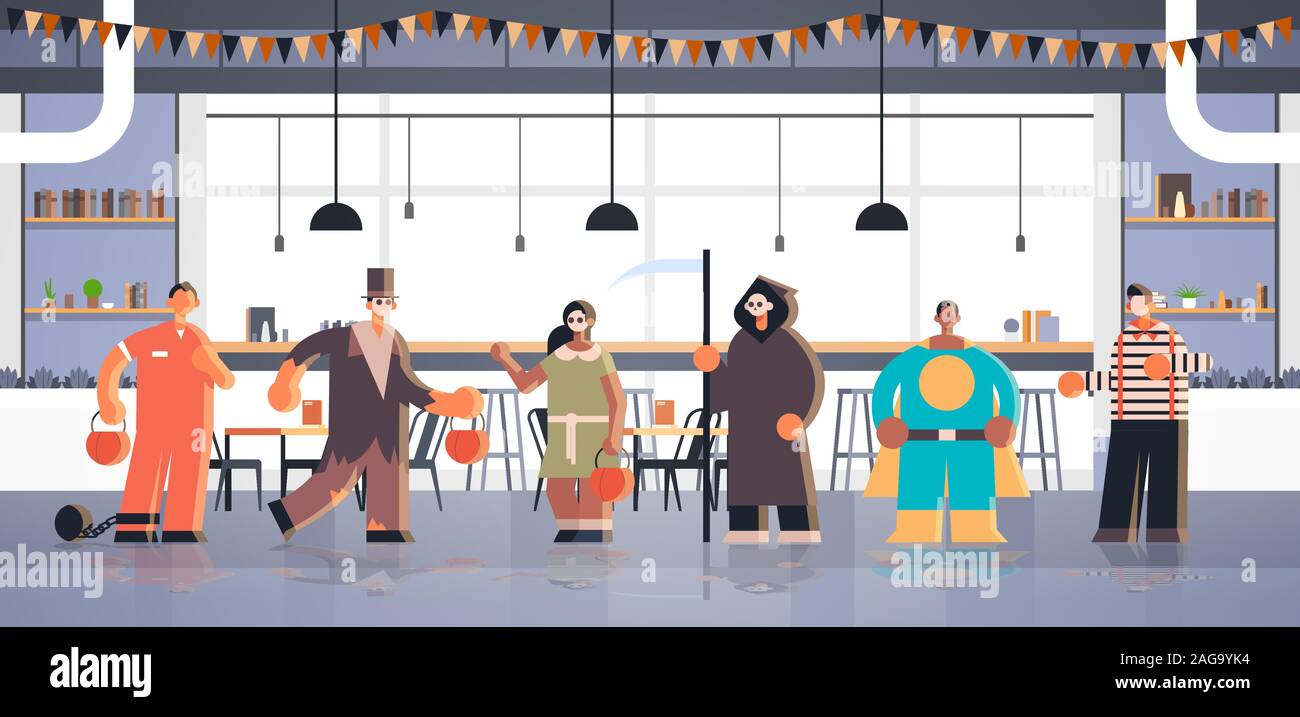 Les gens qui portent des costumes de monstres différents astuces et traiter happy Halloween party concept célébration pleine longueur intérieur café moderne illustration vecteur horizontal Illustration de Vecteur