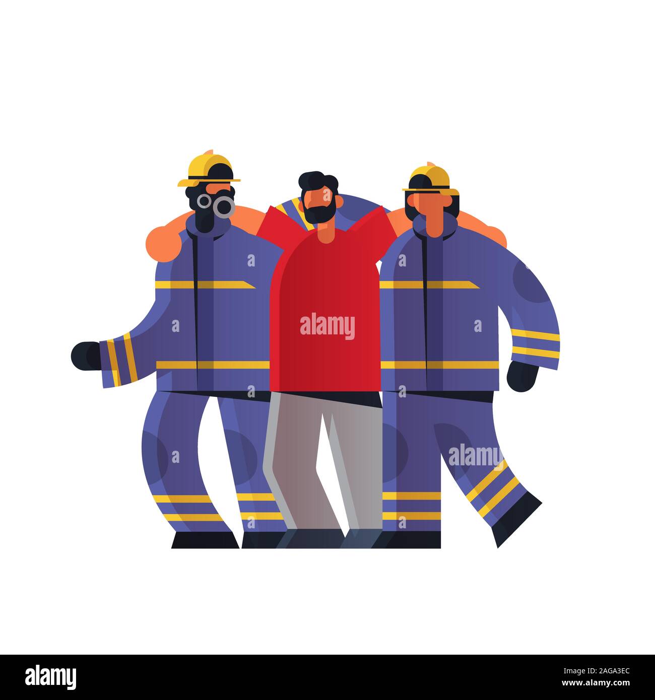 Deux pompiers courageux sauvetage homme blessé de l'équipe des pompiers en uniforme et un casque de pompier de service d'éteindre le feu concept télévision fond blanc vector illustration pleine longueur Illustration de Vecteur