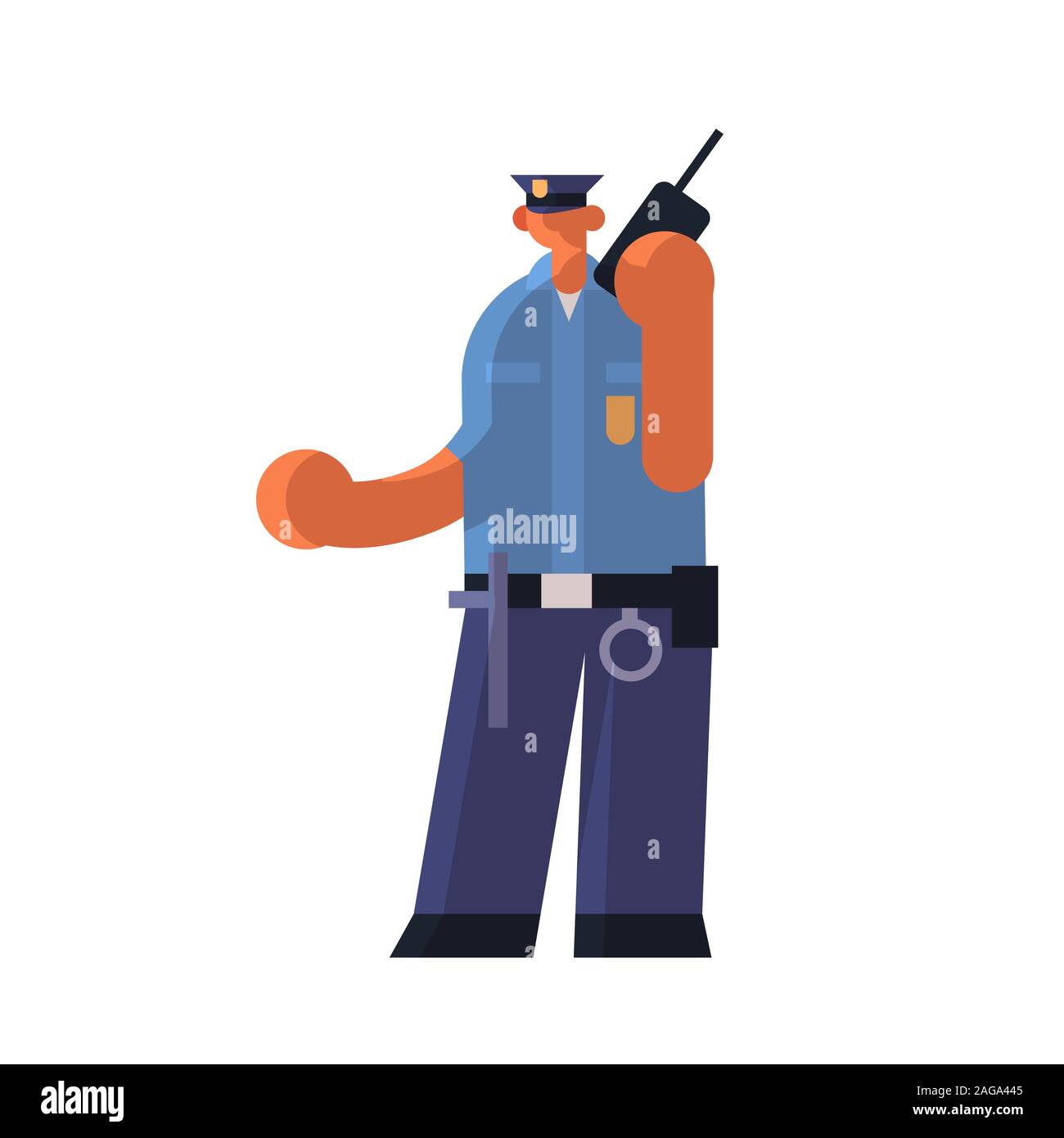 Agent de police de sexe masculin à l'aide de talkie-walkie policier en uniforme en conversation sur la justice de l'autorité de sécurité de la radio télévision concept de services de droit de la longueur complète white background vector illustration Illustration de Vecteur
