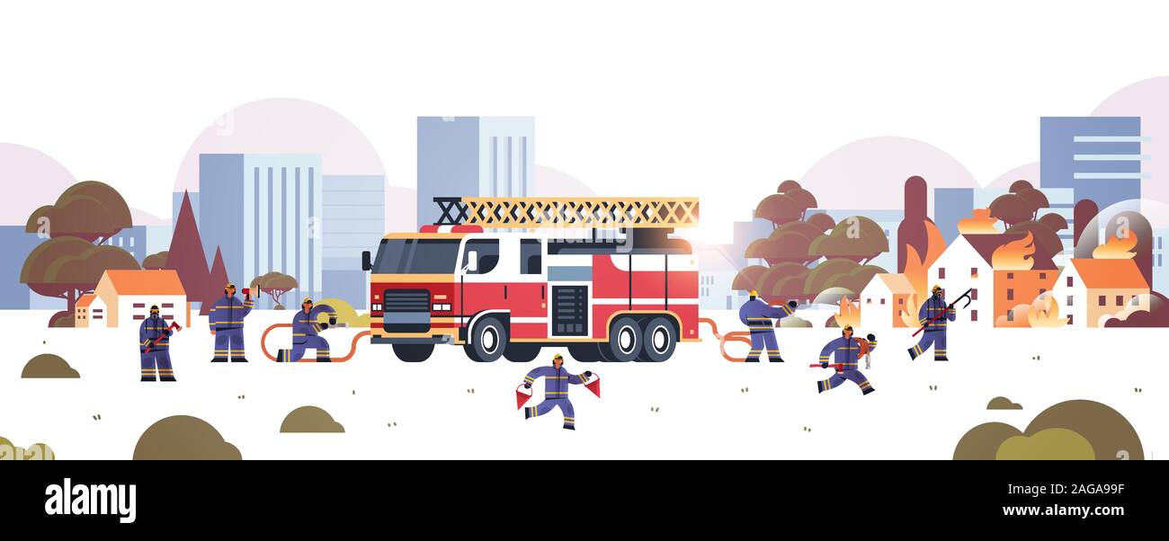 Près de pompiers camion de pompiers s'apprête à éteindre le feu les pompiers en uniforme et un casque de pompier de service d'urgence concept maisons en feu cityscape background illustration vecteur horizontal Illustration de Vecteur