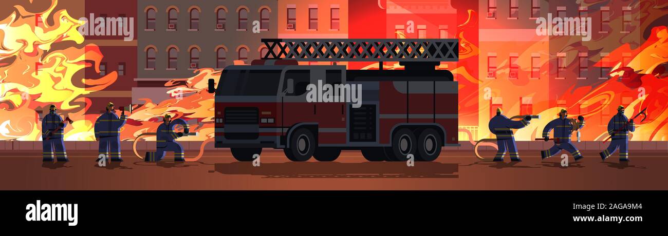 Près de pompiers camion de pompiers s'apprête à éteindre le feu les pompiers en uniforme et un casque de pompier de service d'urgence de l'édifice en feu orange concept extérieur flamme horizontal fond vector illustration Illustration de Vecteur
