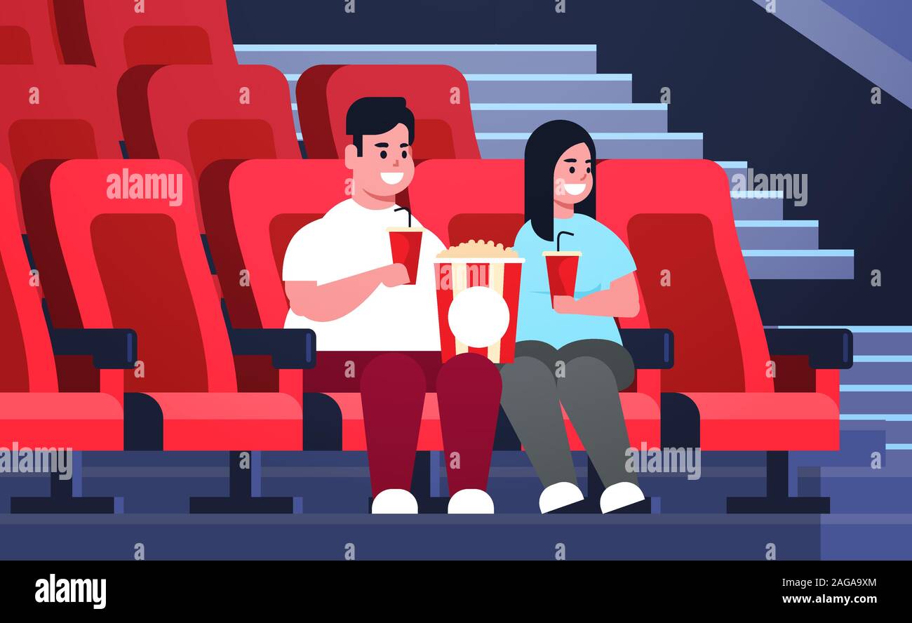 Gros couple watching film assis dans le cinéma avec pop-corn et cola poids homme femme date et avoir riant de nouveau télévision comédie d'illustration vectorielle horizontale pleine longueur Illustration de Vecteur