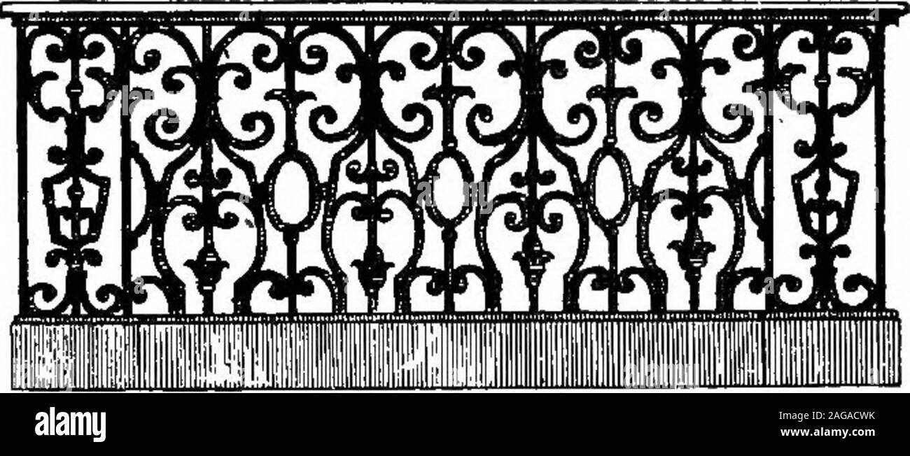 . Ferronnerie d'anglais du xviième et xviiième siècles ; un compte historique et analytique de l'évolution de l'extérieur de forgeron. FIG. 100. Balcon à SEATON DELAVAL DANS LE NORTHUMBERLAND. Dans IJZO BYVANBURGH construit. ARTHUR STRATTON, del. des panneaux (Fig. 100) à Seaton Delaval dans le Northumberland, byVanburgh construit en 1720. En 1739 Batty Langley reproduit et pub créé pour balcons dessins par l'artiste français S. Le Clere, balustrades pour êtreutilisée où la moindre serait trop massive. Balcon de deux conceptions de Gibbs, l'un est de barres verticales C fringedwith morte, avec panneaux lyre aux extrémités, et Banque D'Images