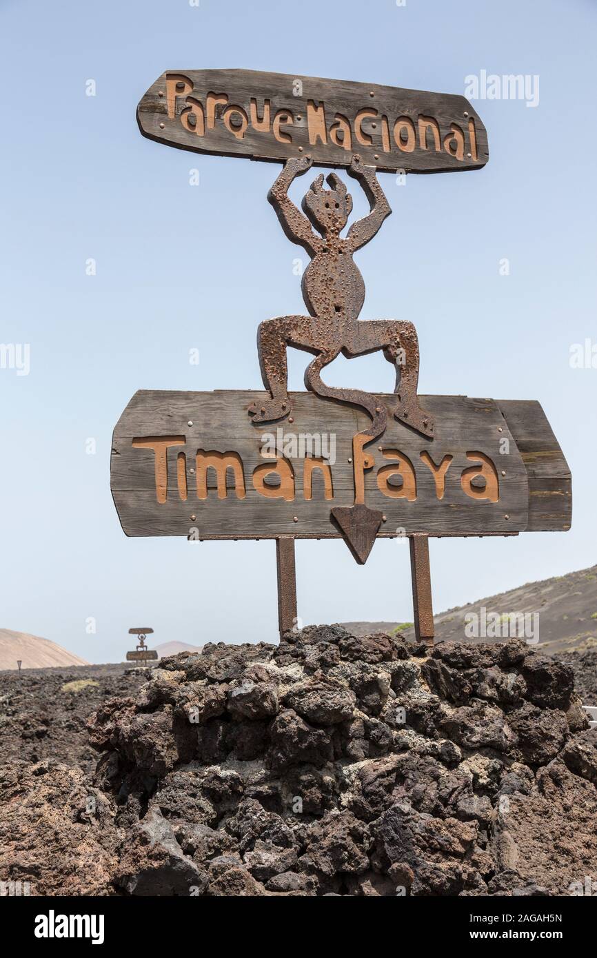 Signe pour le Parque Nacional Timanfaya, Lanzarote, îles Canaries, Espagne Banque D'Images