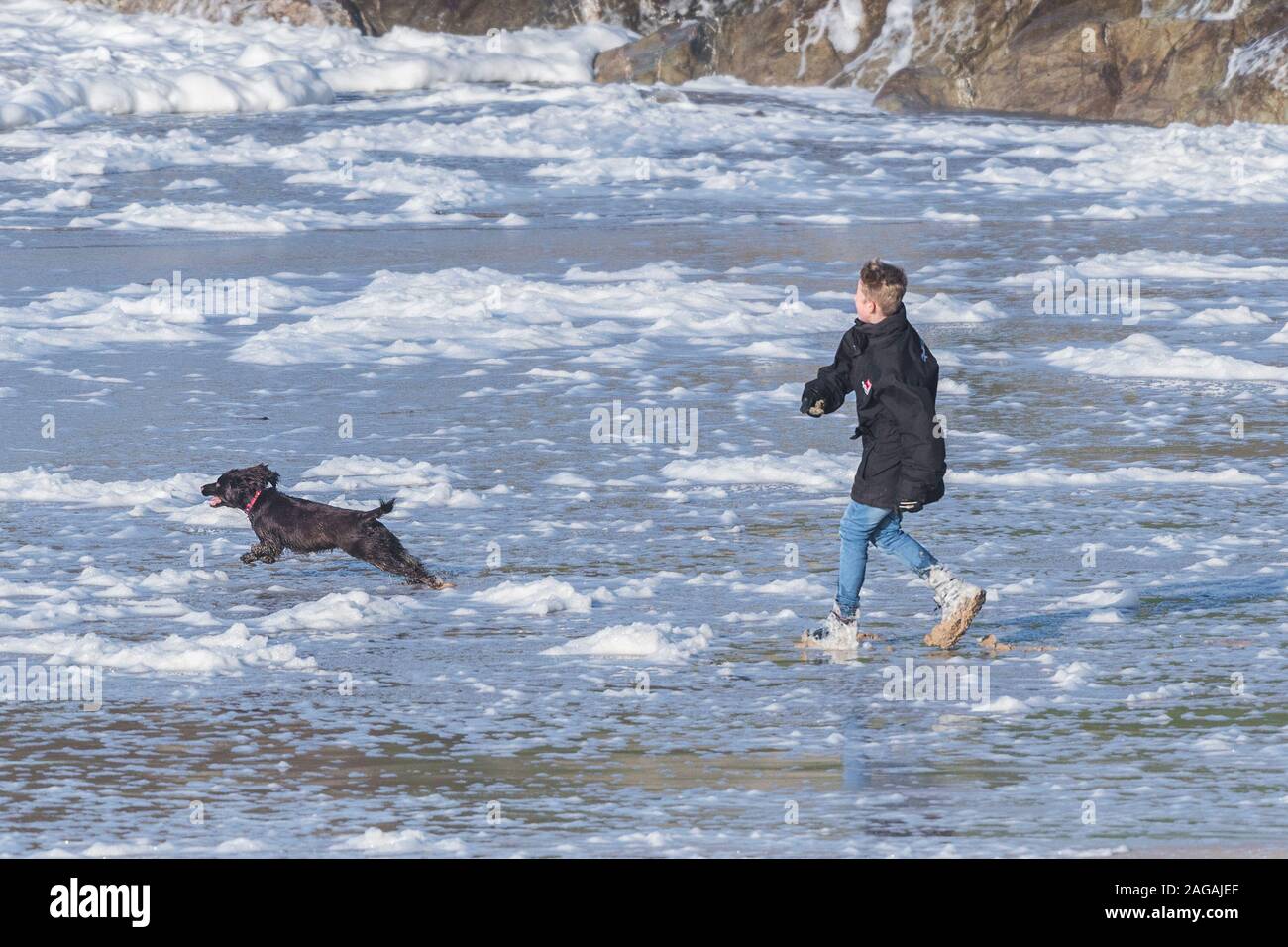 Un jeune garçon jouant avec son chien sur la plage de Fistral à Newquay en Cornouailles. Banque D'Images